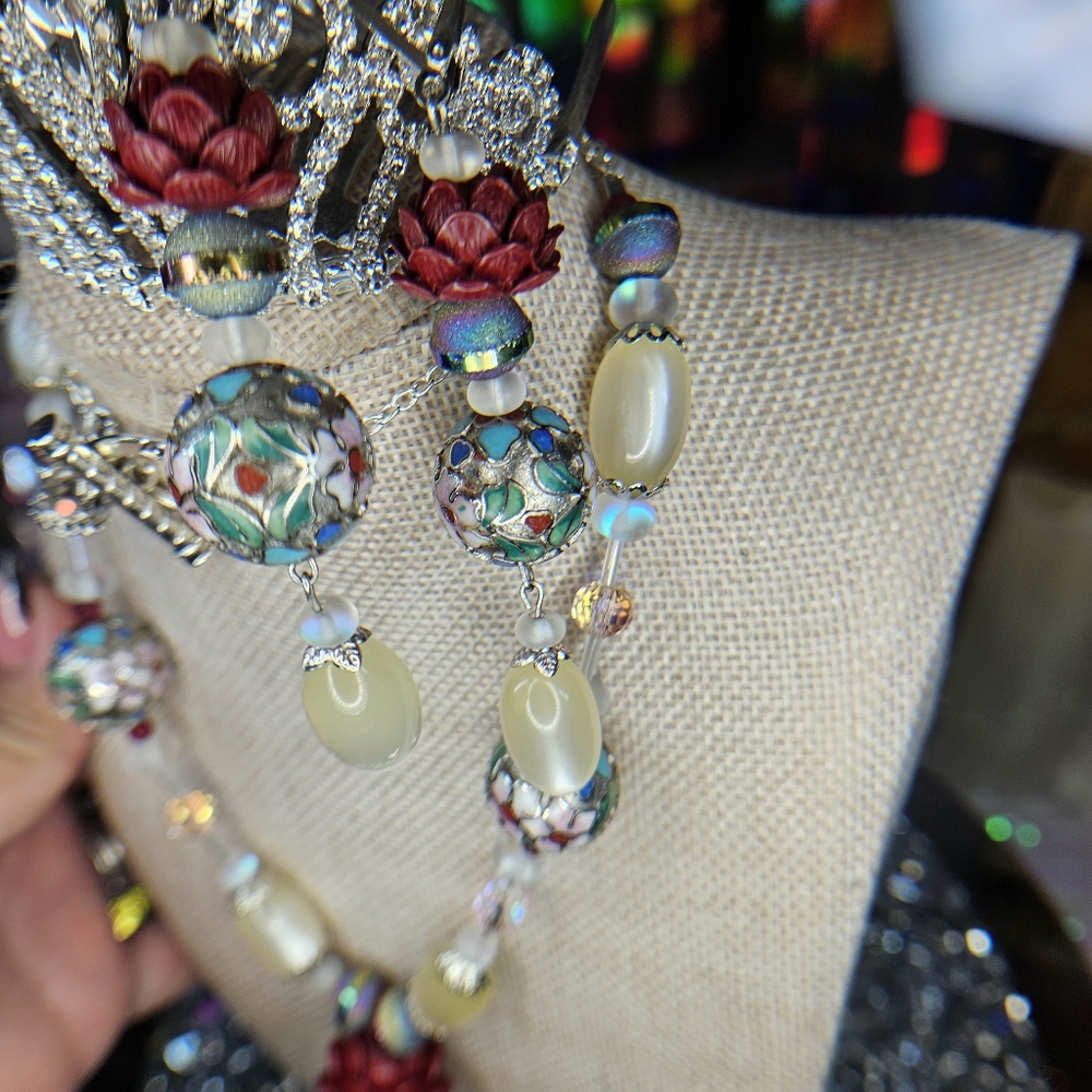 SOLD-Artisan Quadruple Threat Cloisonne, Cinnabar, & Moonglow, w/ Rubies -  Set - Picture 11 of 11